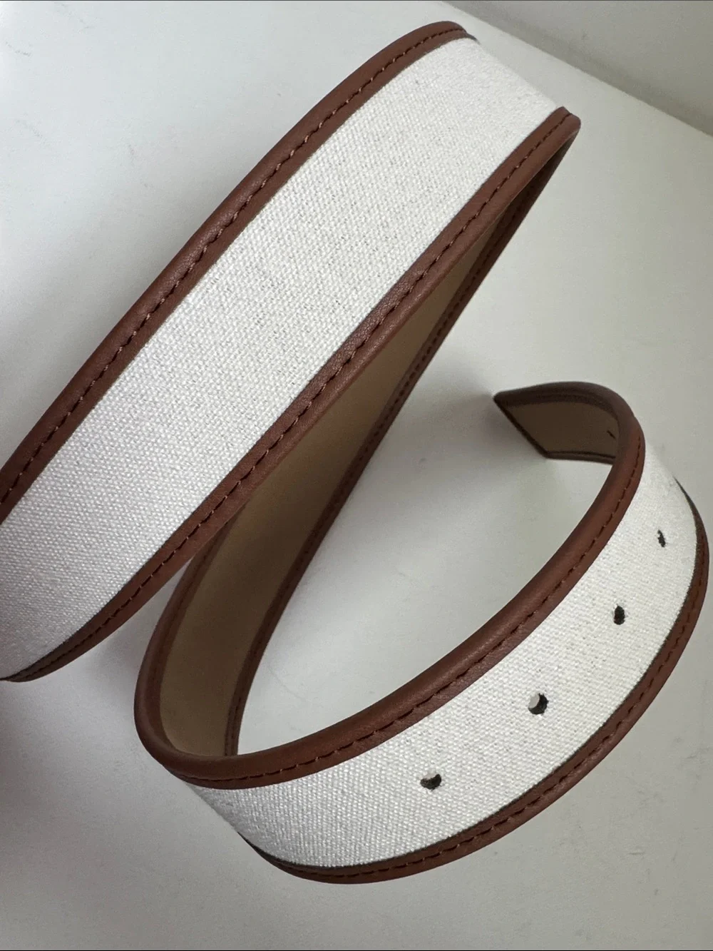 MICHAEL Michael Kors Cream Canvas Belt with Brown Trim and Gold Buckle